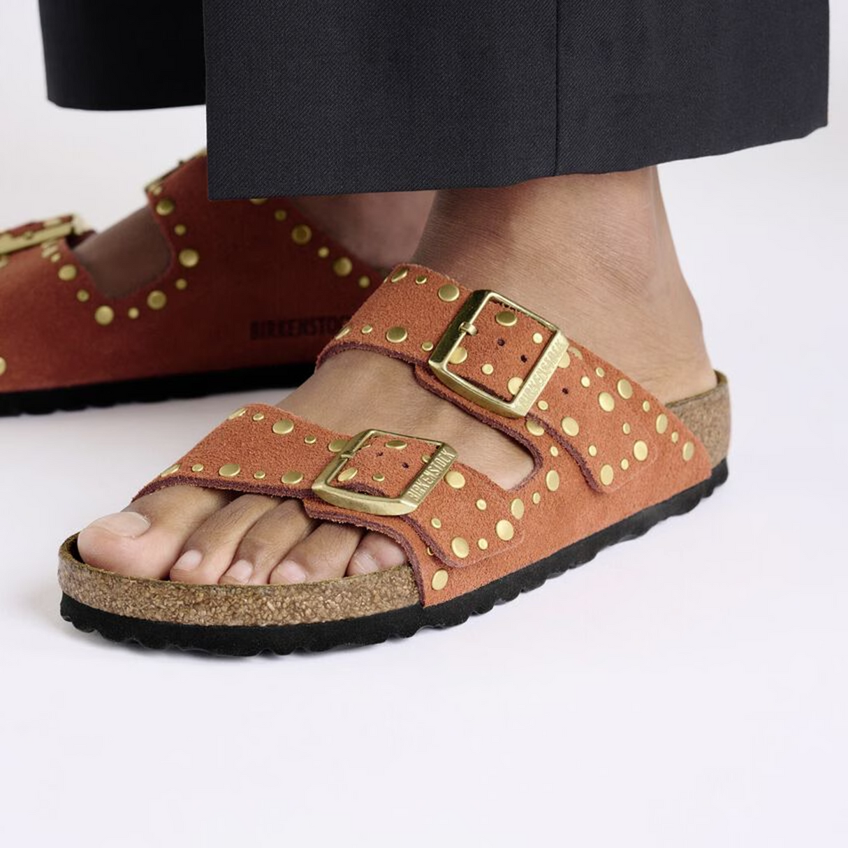 Birkenstock Arizona Rivets Narrow Slide Sandal (Women) - Dark Rust Suede Sandal - Slide - The Heel Shoe Fitters