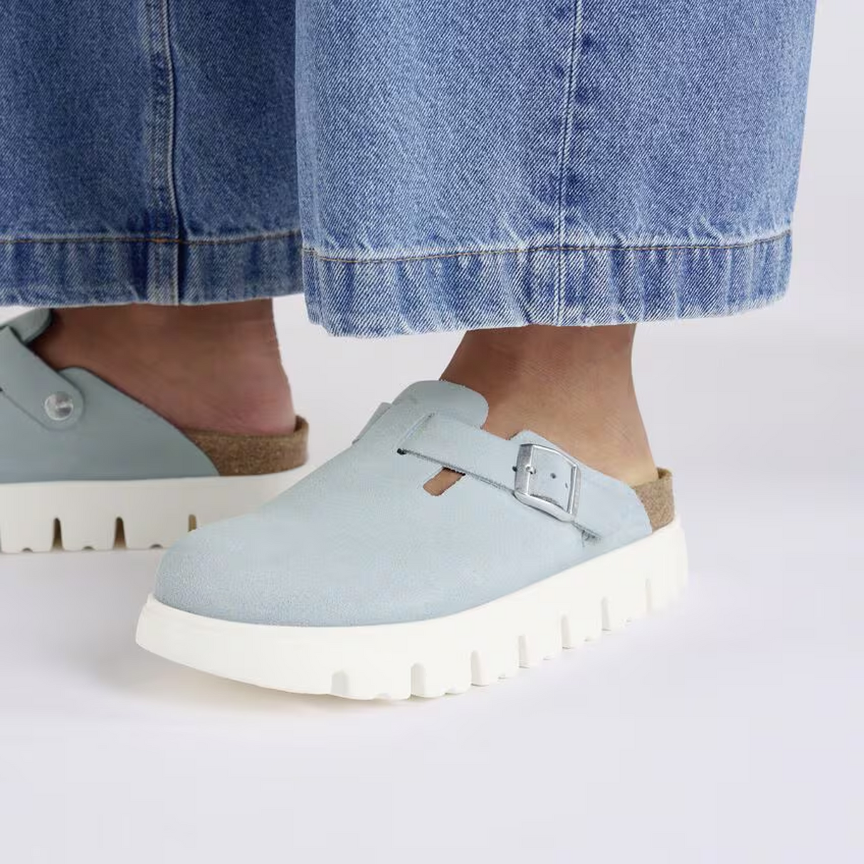 Birkenstock Boston Chunky Narrow Clog (Women) - Baby Blue Suede Dress-Casual - Clogs & Mules - The Heel Shoe Fitters