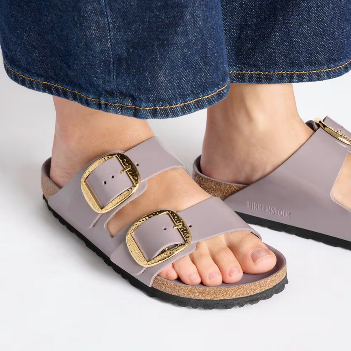 Birkenstock Arizona Hammered Big Buckle Narrow Slide Sandal (Women) - High Shine Faded Purple Leather Sandal - Slide - The Heel Shoe Fitters