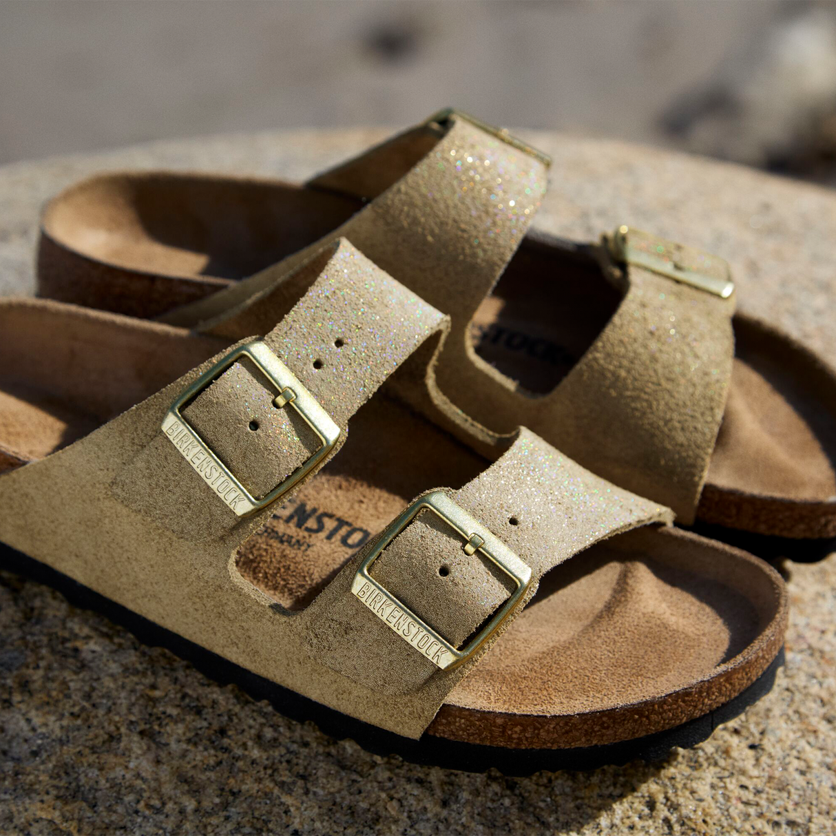 Birkenstock Arizona Slide Sandal (Women) - Shimmering Taupe Suede Sandal - Slide - The Heel Shoe Fitters