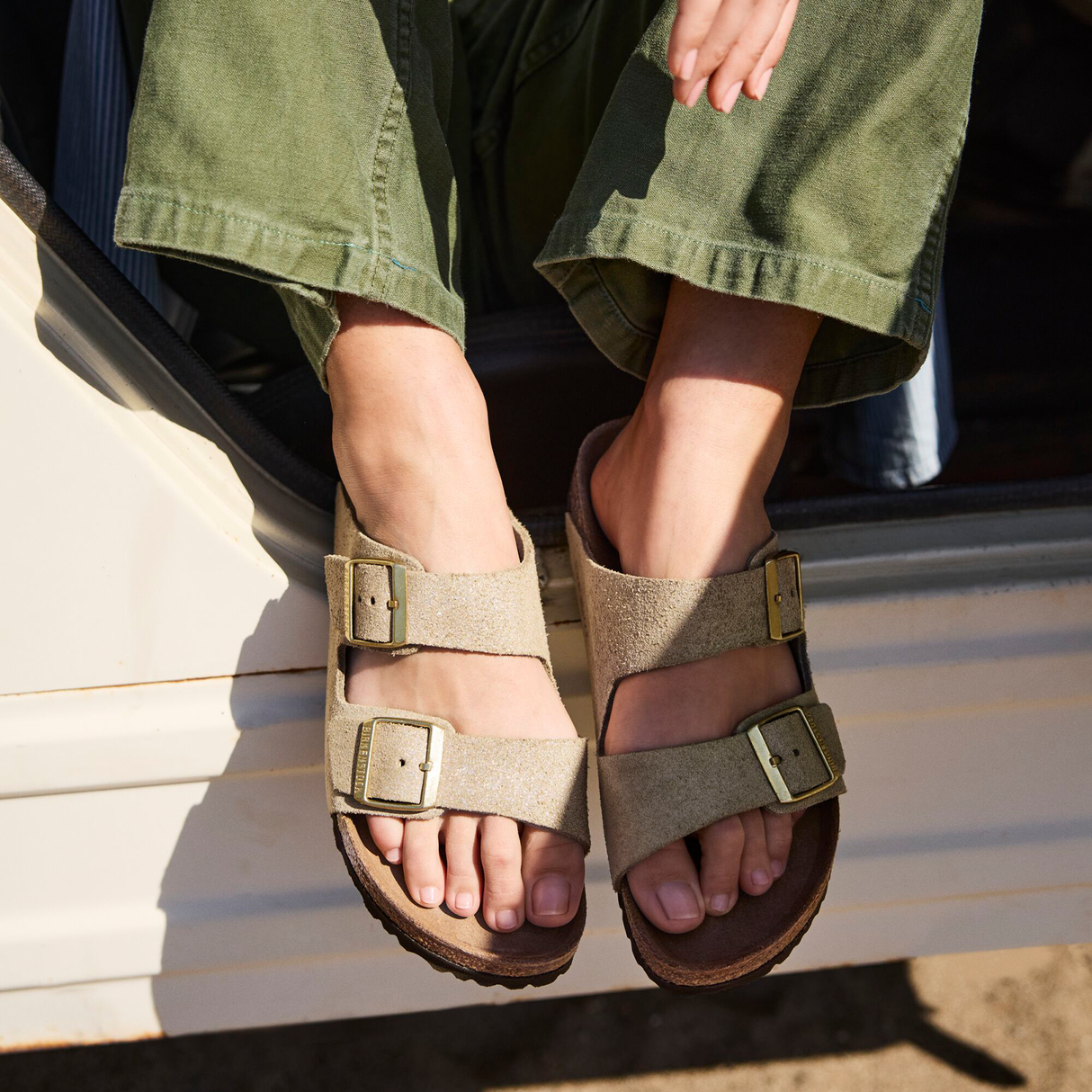 Birkenstock Arizona Slide Sandal (Women) - Shimmering Taupe Suede Sandal - Slide - The Heel Shoe Fitters