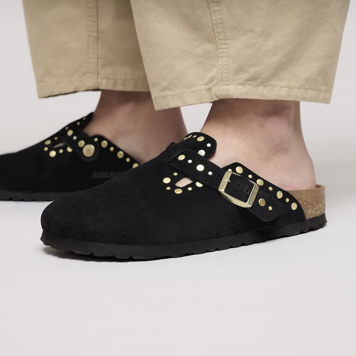 Birkenstock Boston Rivet Clog (Women) - Black Suede Dress-Casual - Clogs & Mules - The Heel Shoe Fitters