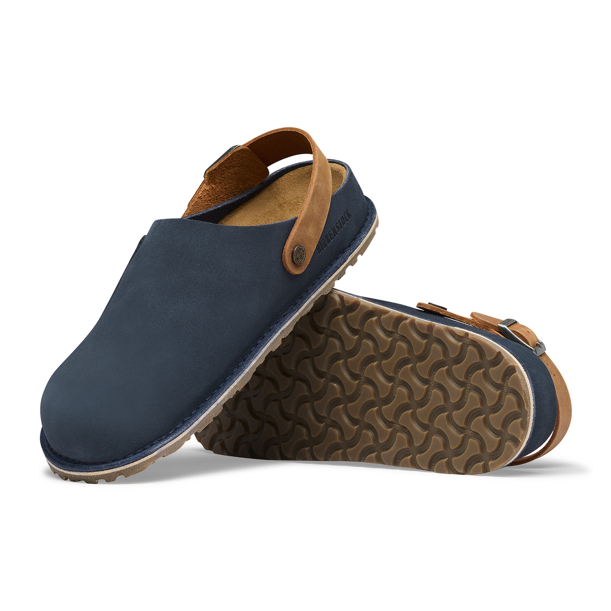 Birkenstock Lutry Narrow Clog (Women) - Navy Suede/Cognac Oiled Leather Dress-Casual - Clogs & Mules - The Heel Shoe Fitters