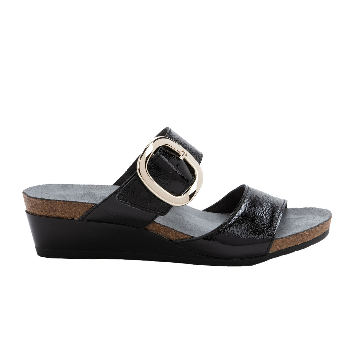 Naot Magic Wedge Sandal (Women) - Black Crinkle Patent Leather Sandal - Heel/Wedge - The Heel Shoe Fitters