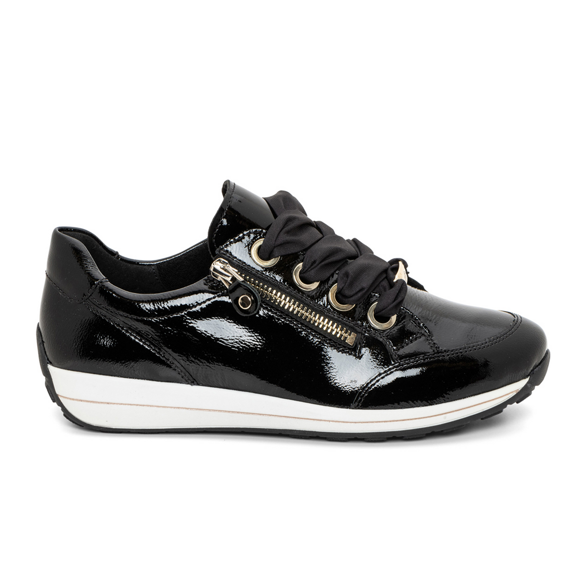 Ara Ollie Side Zip Lace Up Sneaker (Women) - Black Patent Athletic - Casual - Lace Up - The Heel Shoe Fitters
