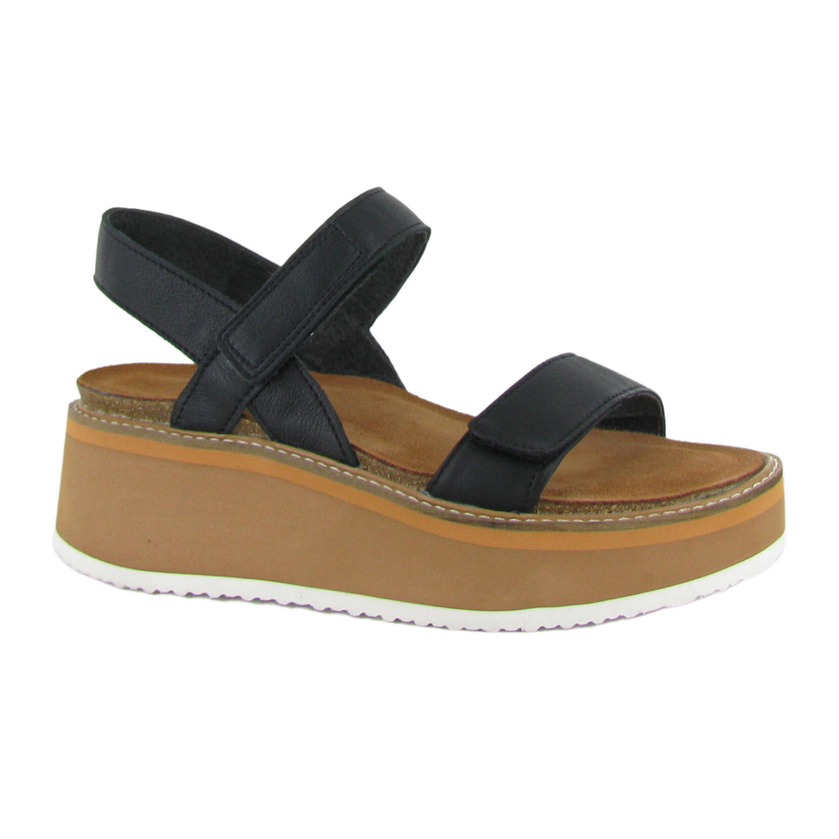 Naot Meringue Wedge Sandal (Woman) - Soft Black Leather with Camel Sole Sandal - Heel/Wedge - The Heel Shoe Fitters