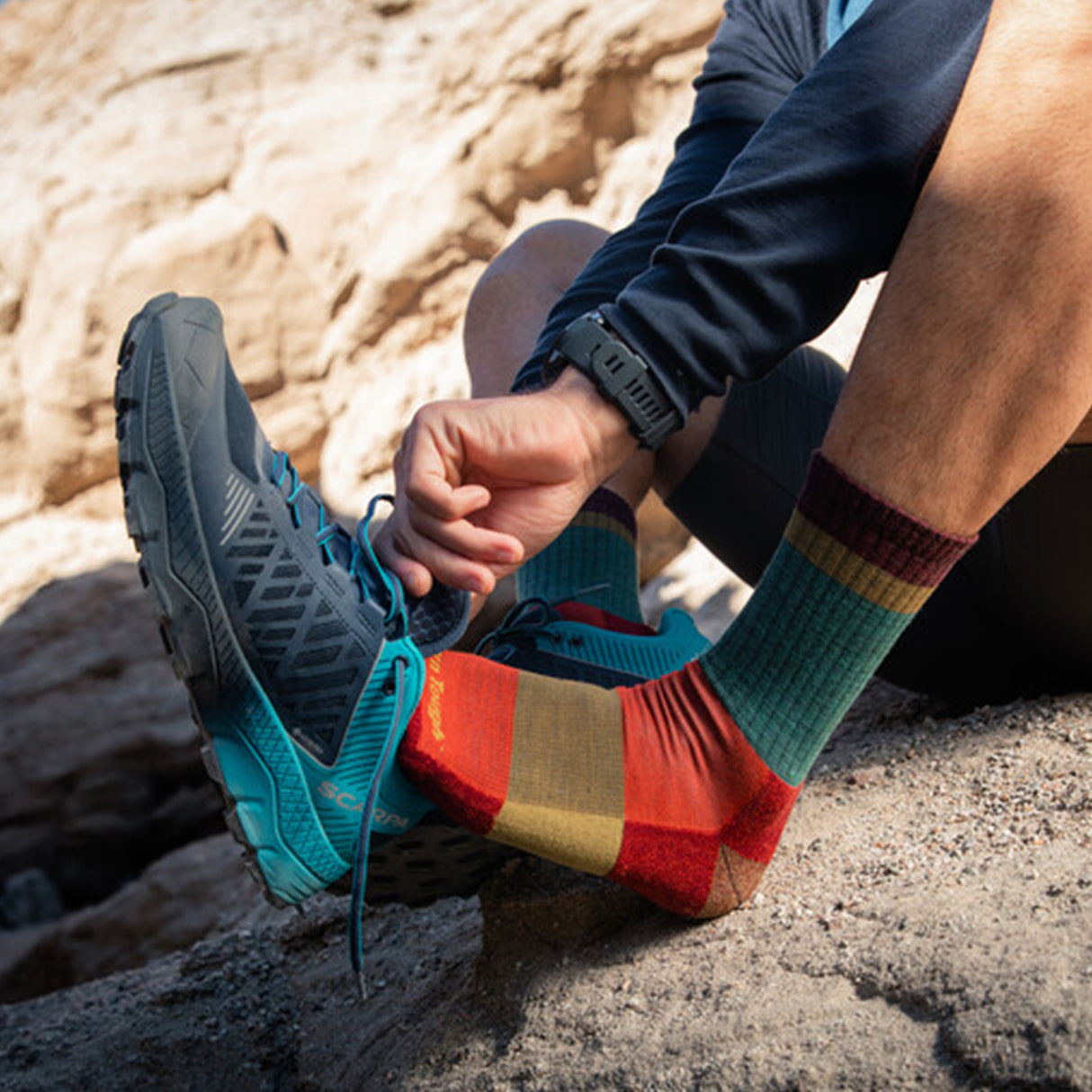 Darn Tough Heady Stripe Lightweight Micro Crew Sock with Cushion (Men) - Teal Accessories - Socks - Performance - The Heel Shoe Fitters