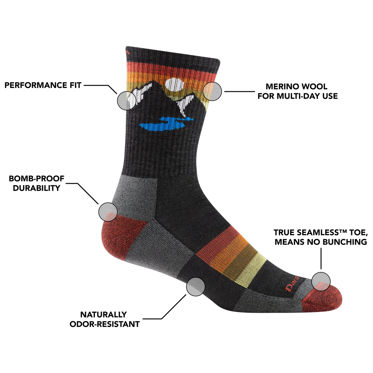 Darn Tough Sunset Ridge Lightweight Micro Crew Sock with Cushion (Men) - Charcoal Accessories - Socks - Performance - The Heel Shoe Fitters