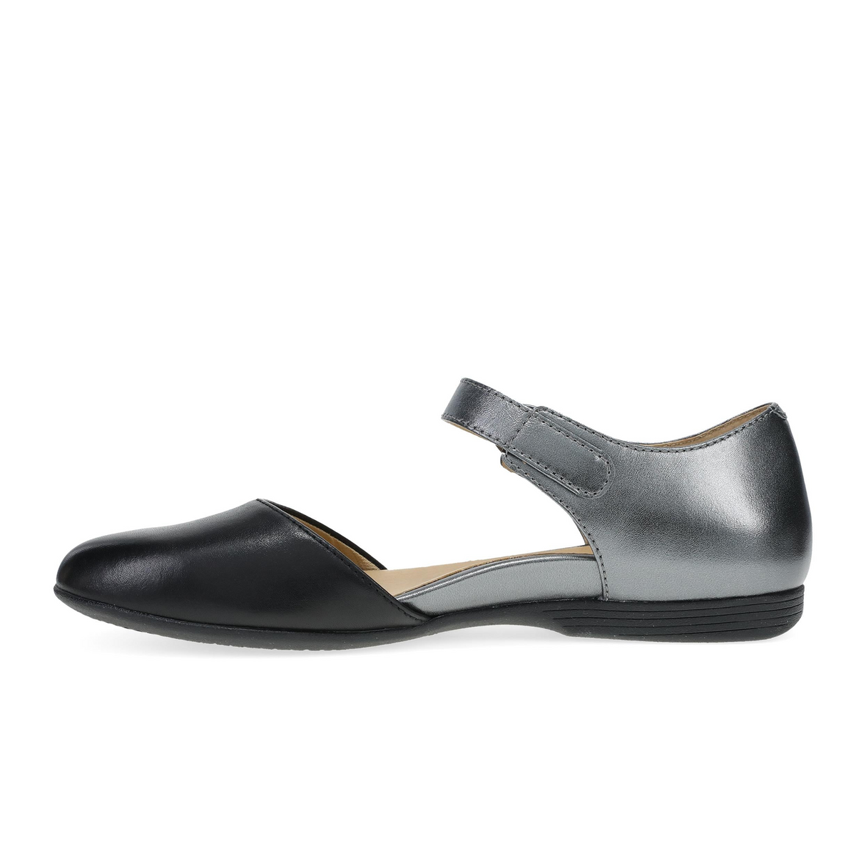 Dansko Liv Strappy Flat (Women) - Black Nappa/Pewter Metallic Dress-Casual - Flat - The Heel Shoe Fitters
