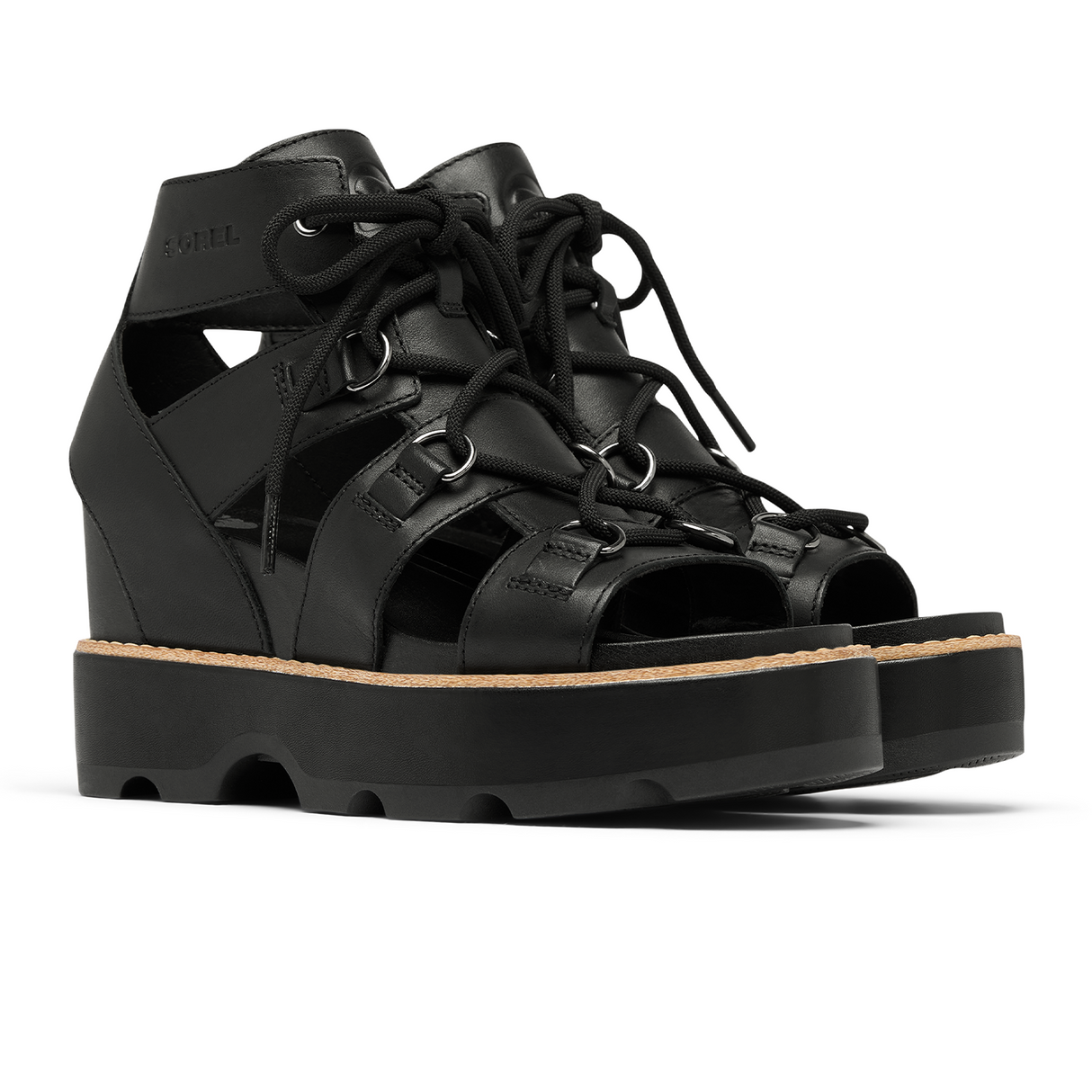 Sorel Joanie IV Lace Wedge (Women) - Black/Black Sandal - Heel/Wedge - The Heel Shoe Fitters