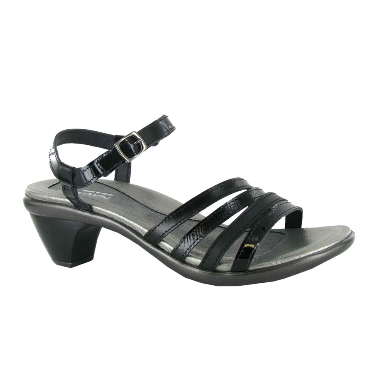 Naot Current Heeled Sandal (Women) - Black Patent/Jet Black/Black Luster/Black Madras Sandal - Heel/Wedge - The Heel Shoe Fitters