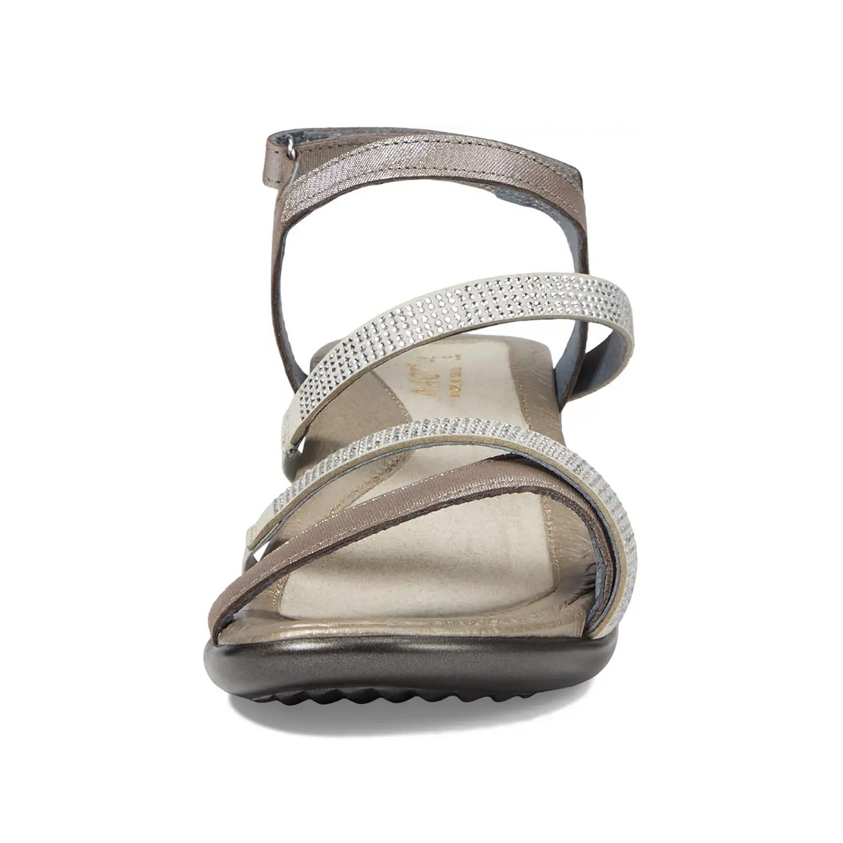 Naot Innovate Heeled Sandal (Women) - Silver Threads Leather/Beige/Clear Rhinestones Sandal - Heel/Wedge - The Heel Shoe Fitters