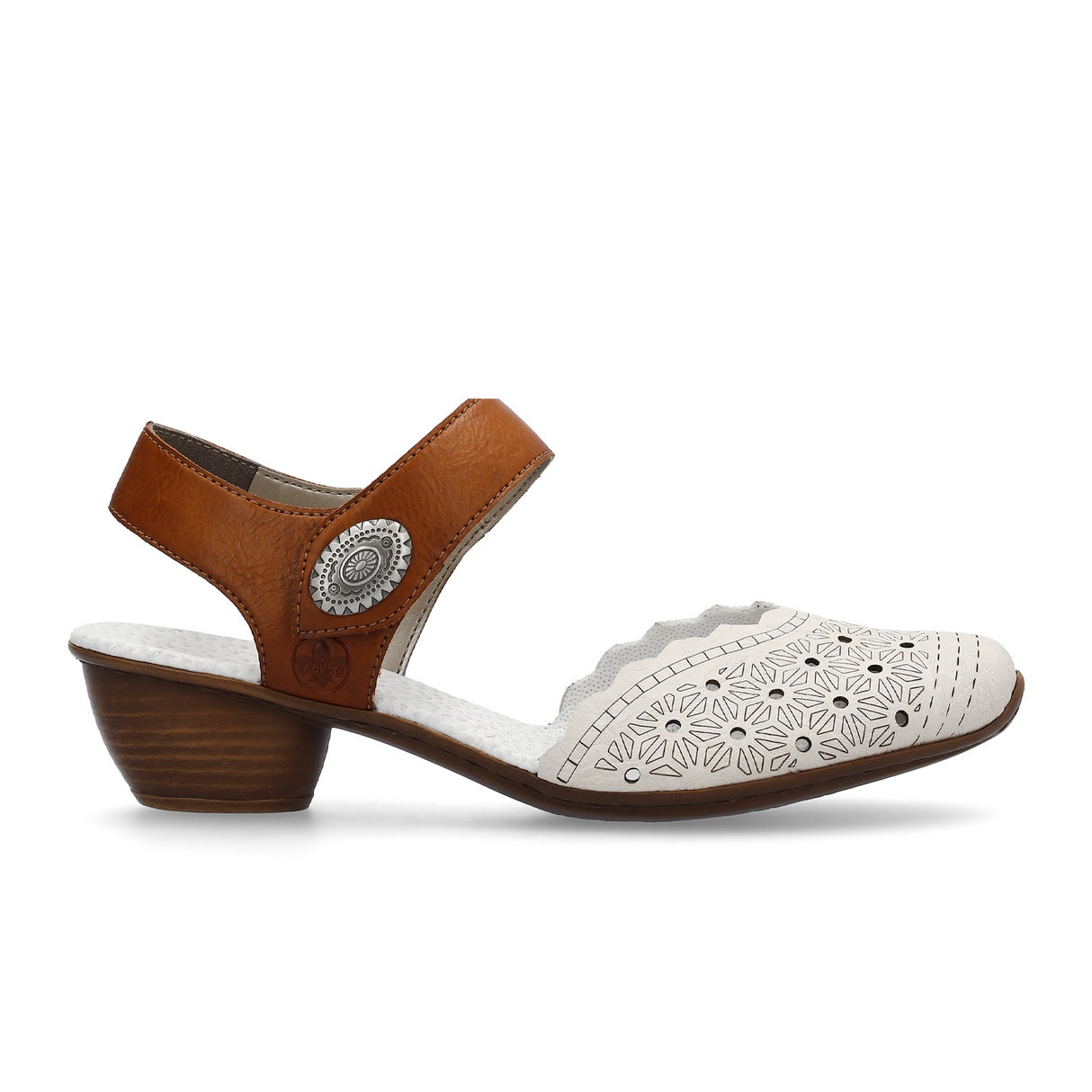 Rieker Mirjam 43703-60 Heeled Sandal (Women) - Cream/Cayenne Sandal - Heel/Wedge - The Heel Shoe Fitters