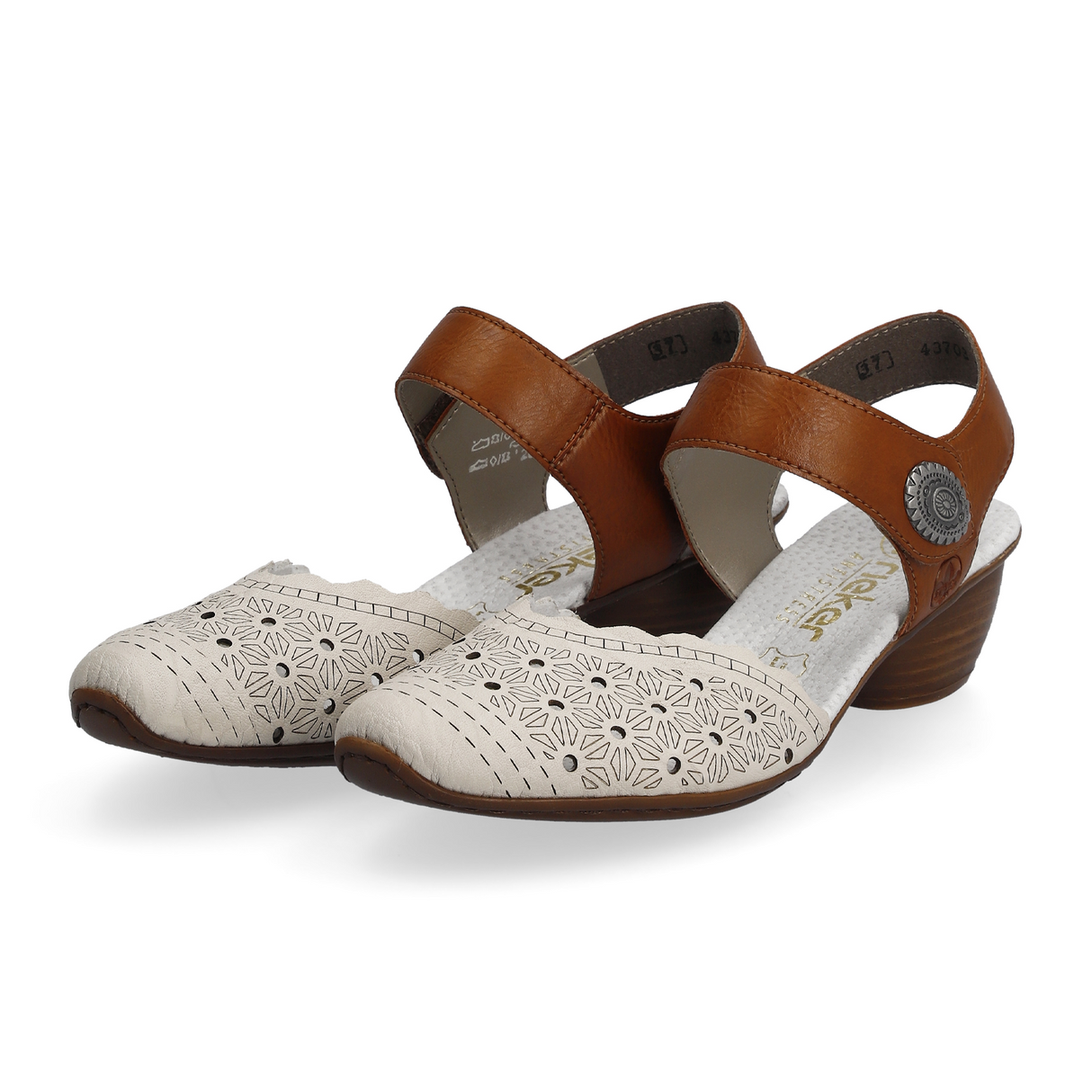 Rieker Mirjam 43703-60 Heeled Sandal (Women) - Cream/Cayenne Sandal - Heel/Wedge - The Heel Shoe Fitters