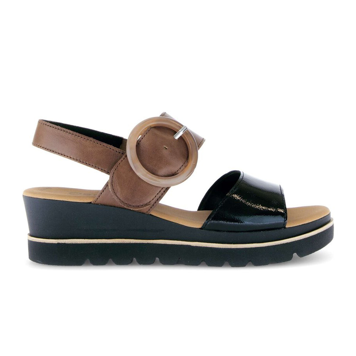 Gabor 645 Platform Wedge Sandal (Women) - Camel/Black Patent Sandal - Heel/Wedge - The Heel Shoe Fitters