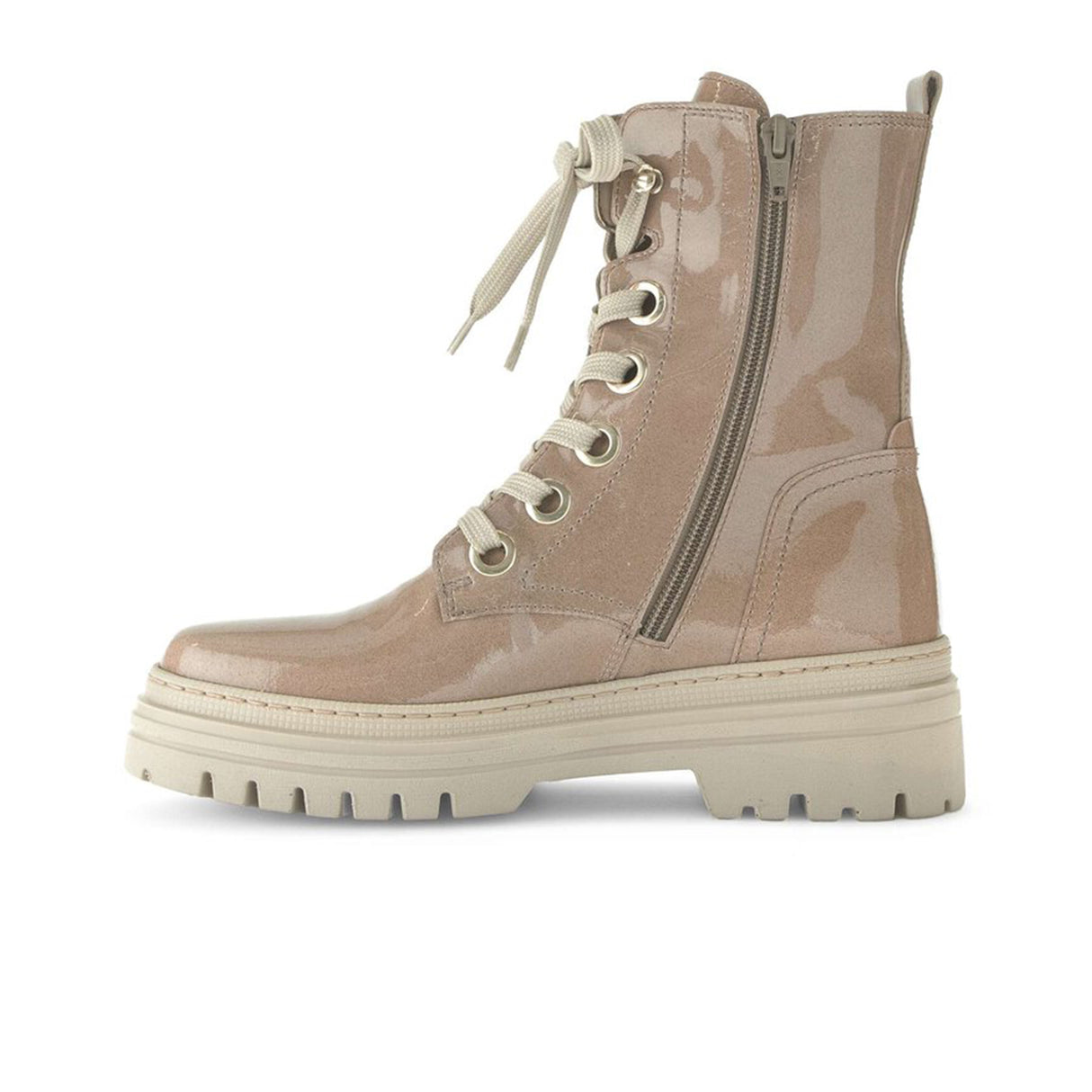 Gabor 721 Lace Up Combat Boot (Women) - Beige Patent Boots - Casual - Low - The Heel Shoe Fitters