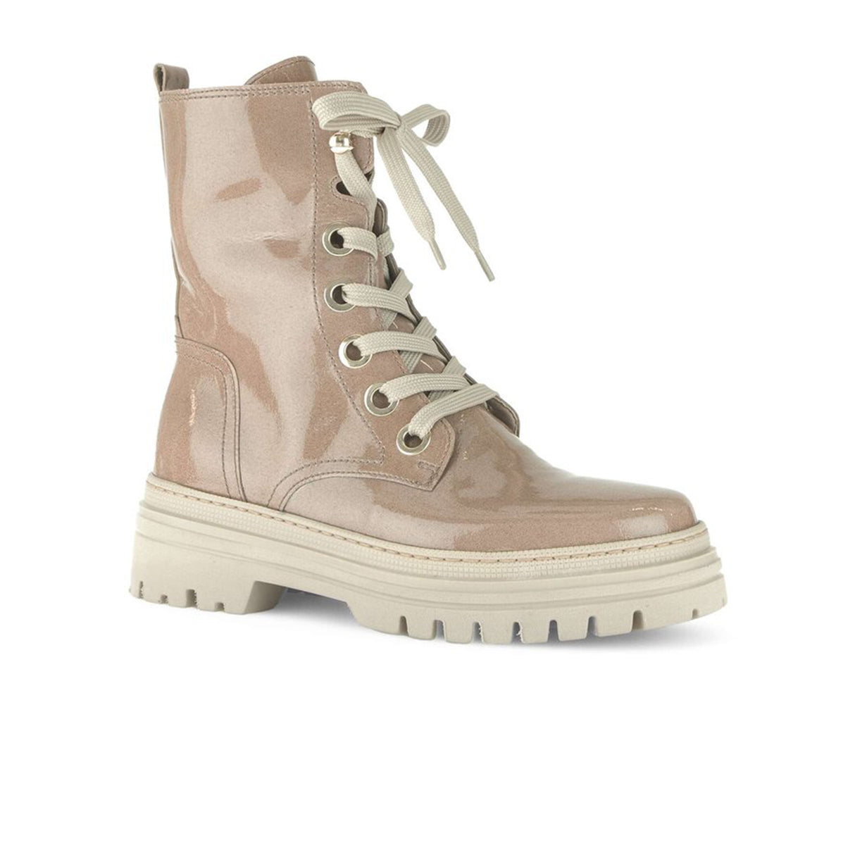Gabor 721 Lace Up Combat Boot (Women) - Beige Patent Boots - Casual - Low - The Heel Shoe Fitters