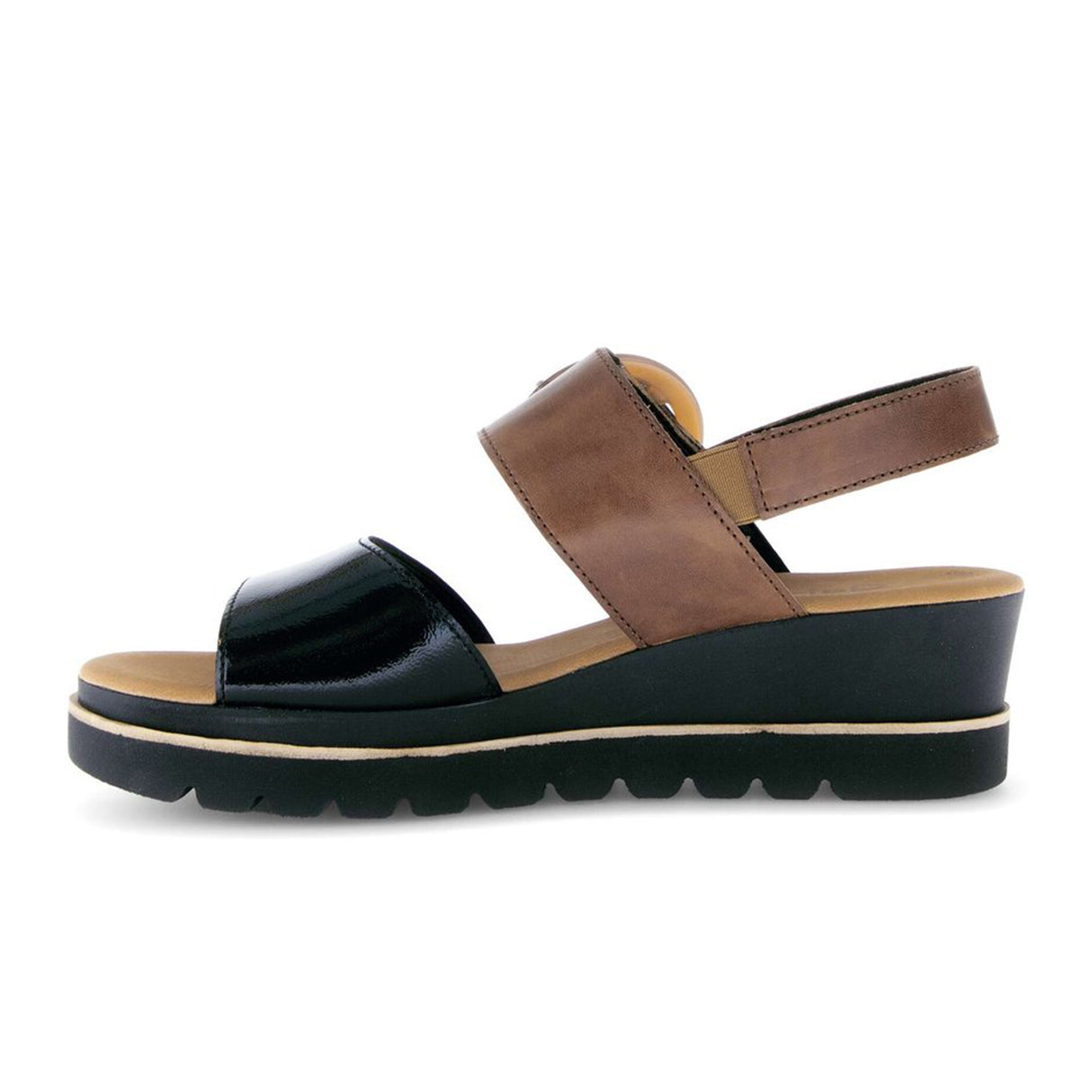 Gabor 645 Platform Wedge Sandal (Women) - Camel/Black Patent Sandal - Heel/Wedge - The Heel Shoe Fitters