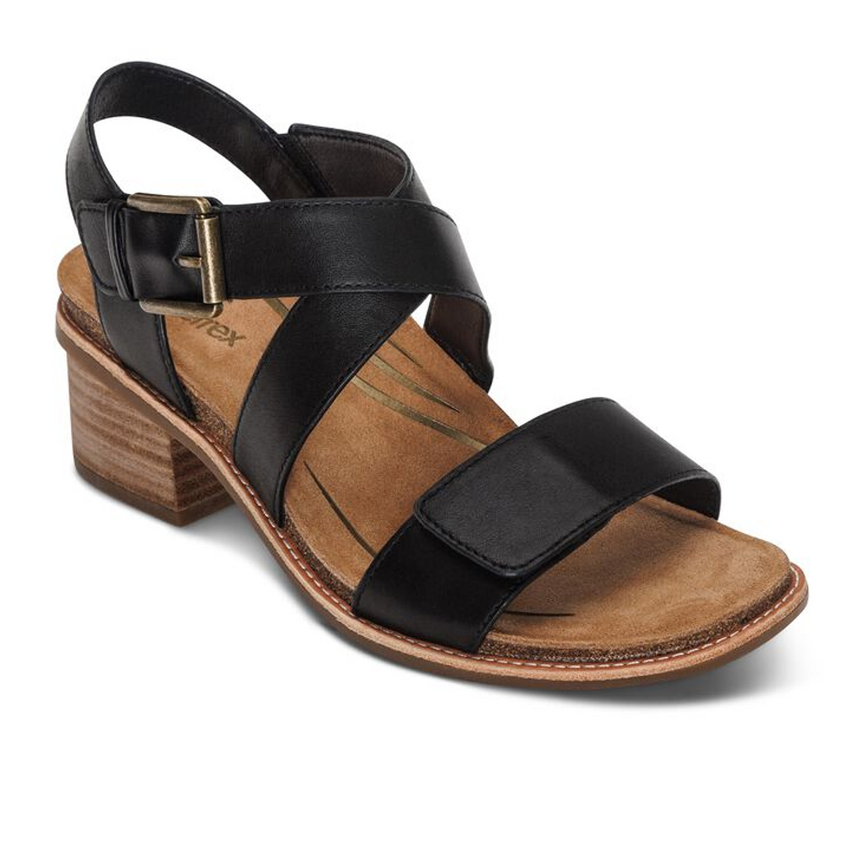 Aetrex Kristin Heeled Sandal (Women) - Black Leather Sandal - Heel/Wedge - The Heel Shoe Fitters
