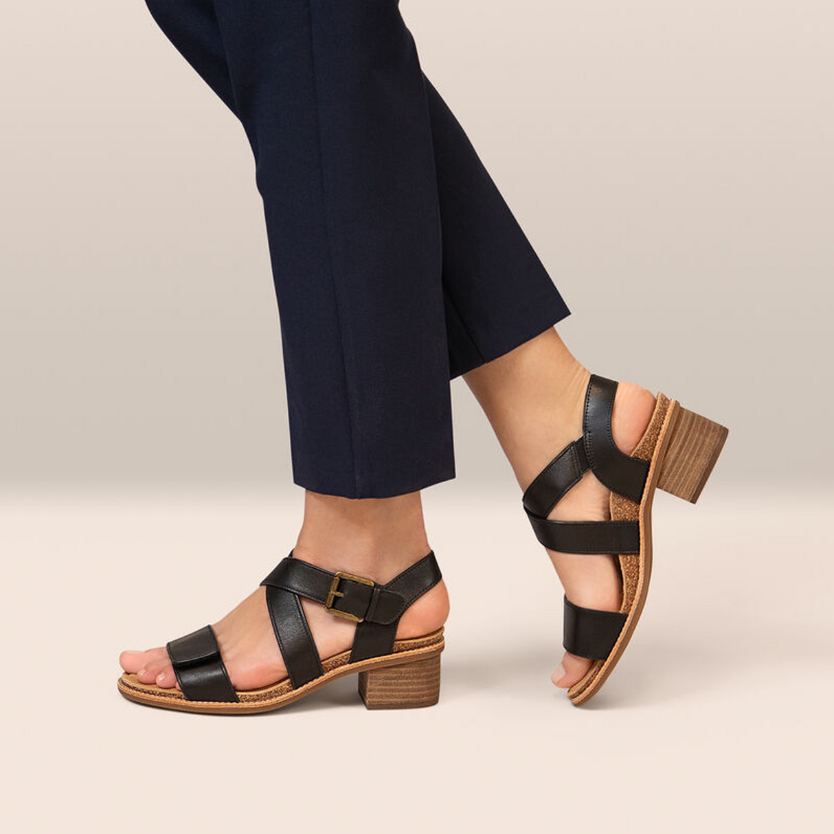 Aetrex Kristin Heeled Sandal (Women) - Black Leather Sandal - Heel/Wedge - The Heel Shoe Fitters