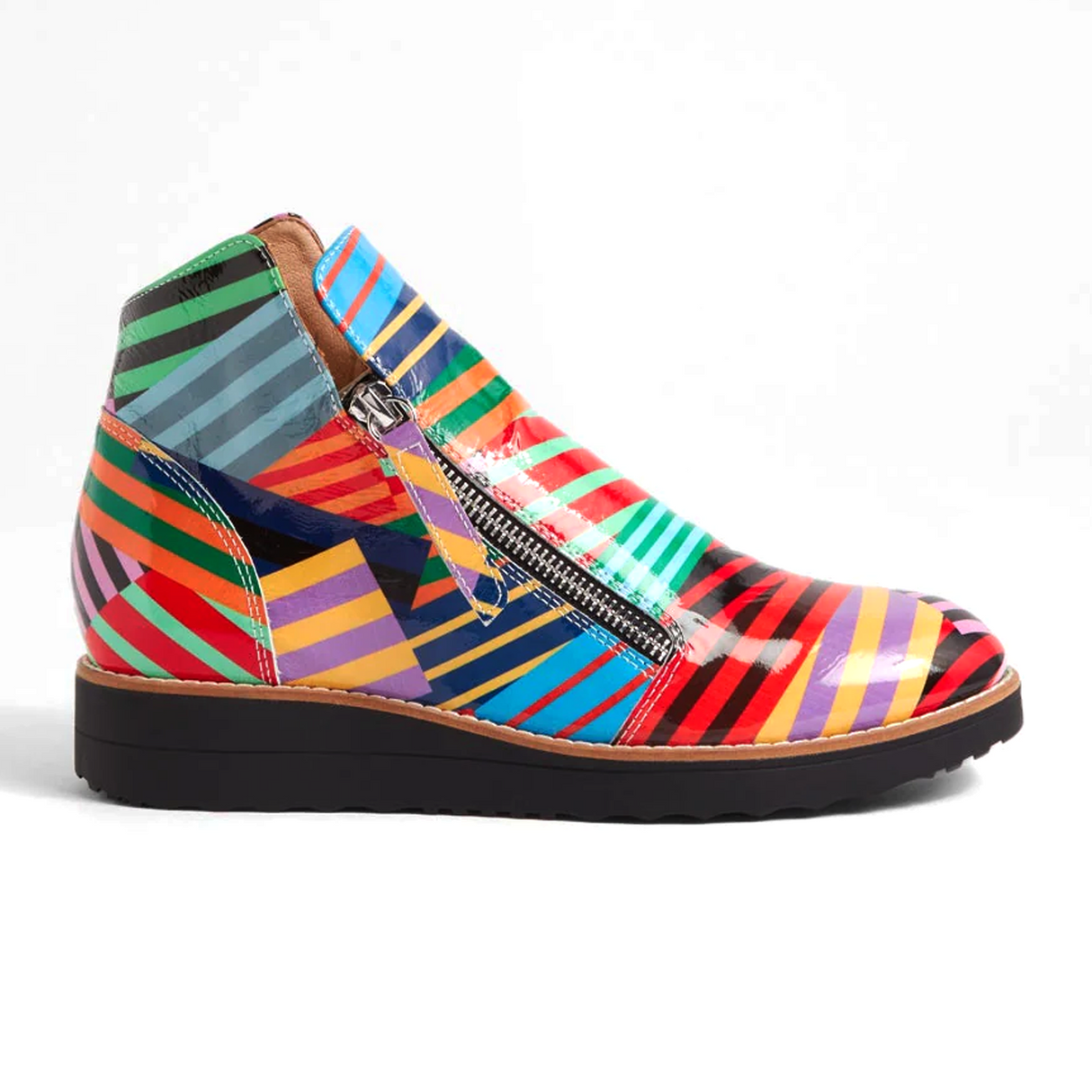 Django & Juliette Ohmy Ankle Boot (Women) - Black Stripe Metal Patent Boots - Casual - Low - The Heel Shoe Fitters