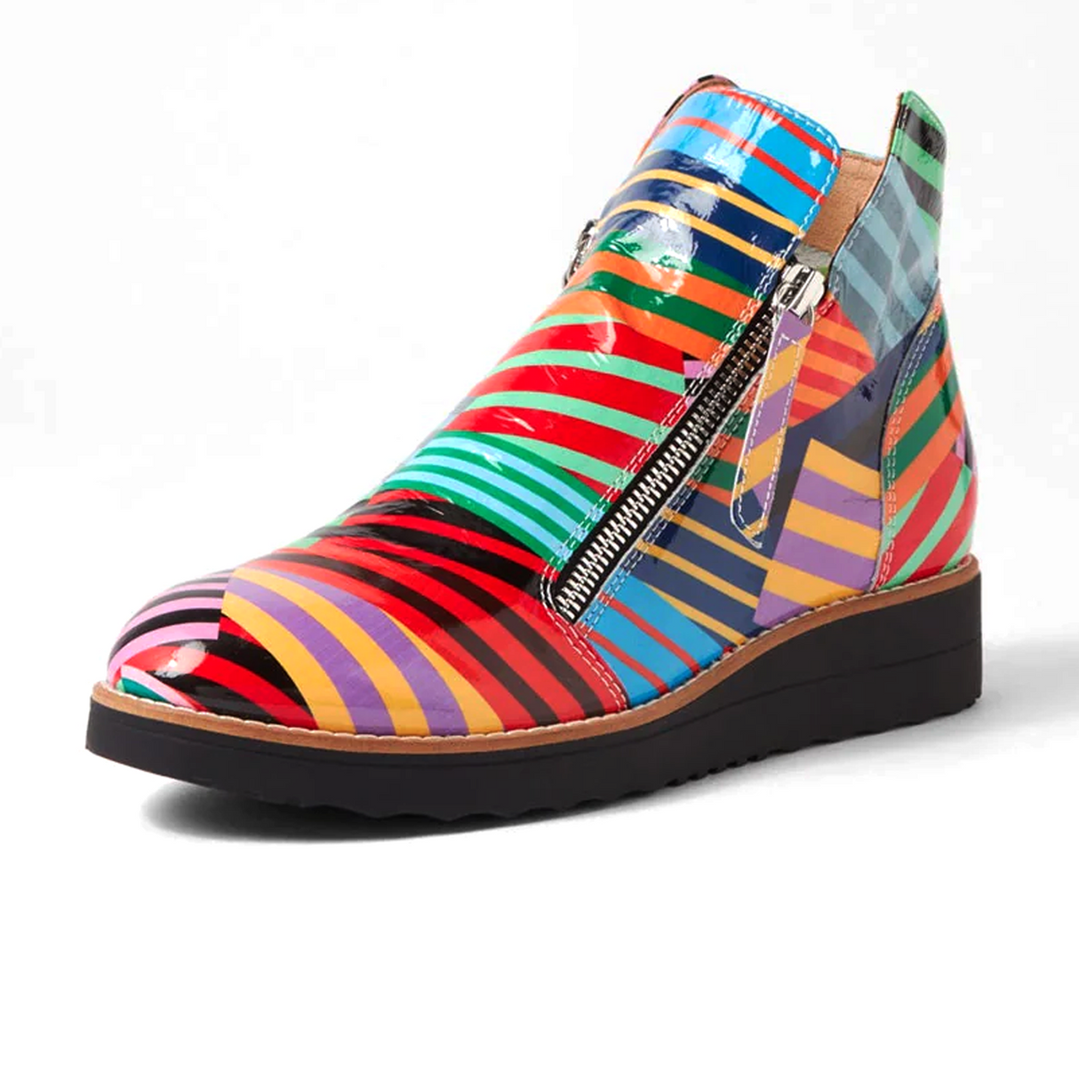 Django & Juliette Ohmy Ankle Boot (Women) - Black Stripe Metal Patent Boots - Casual - Low - The Heel Shoe Fitters