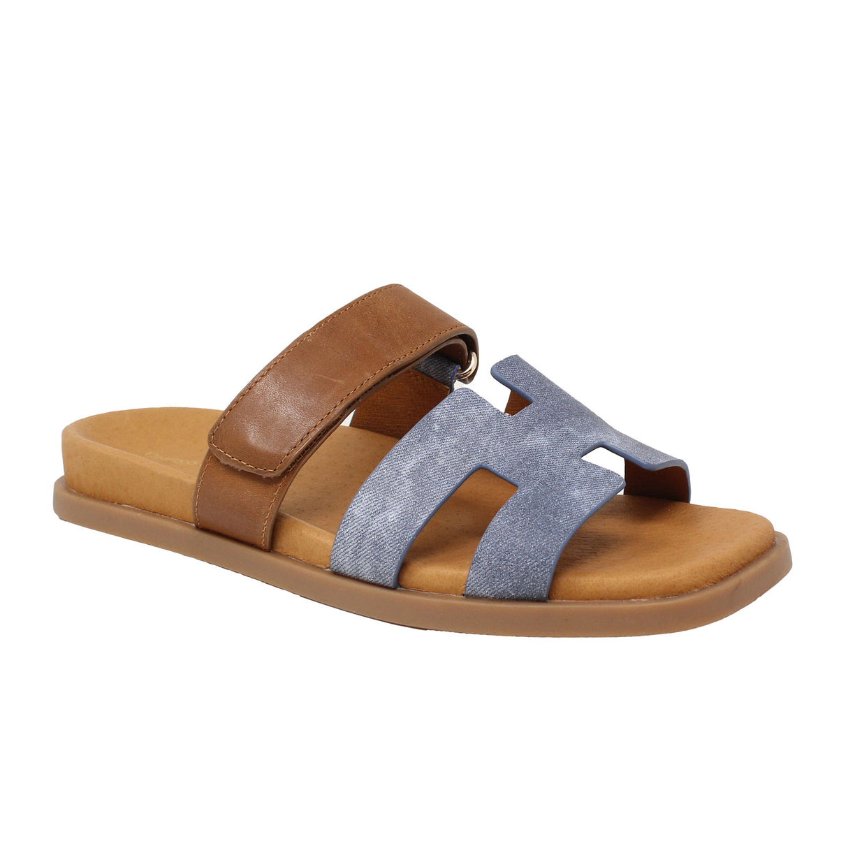 Django & Juliette Nodette Slide Sandal (Women) - Washed Denim/Tan Sandal - Slide - The Heel Shoe Fitters