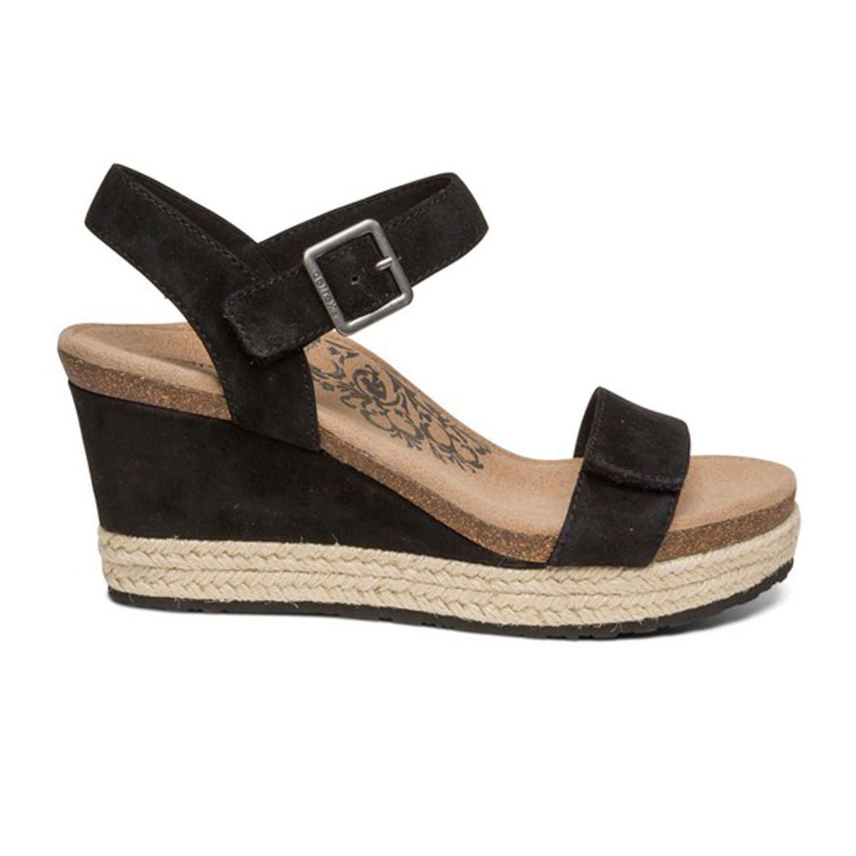 Aetrex Sydney Wedge Sandal (Women) - Black Suede Sandal - Heel/Wedge - The Heel Shoe Fitters