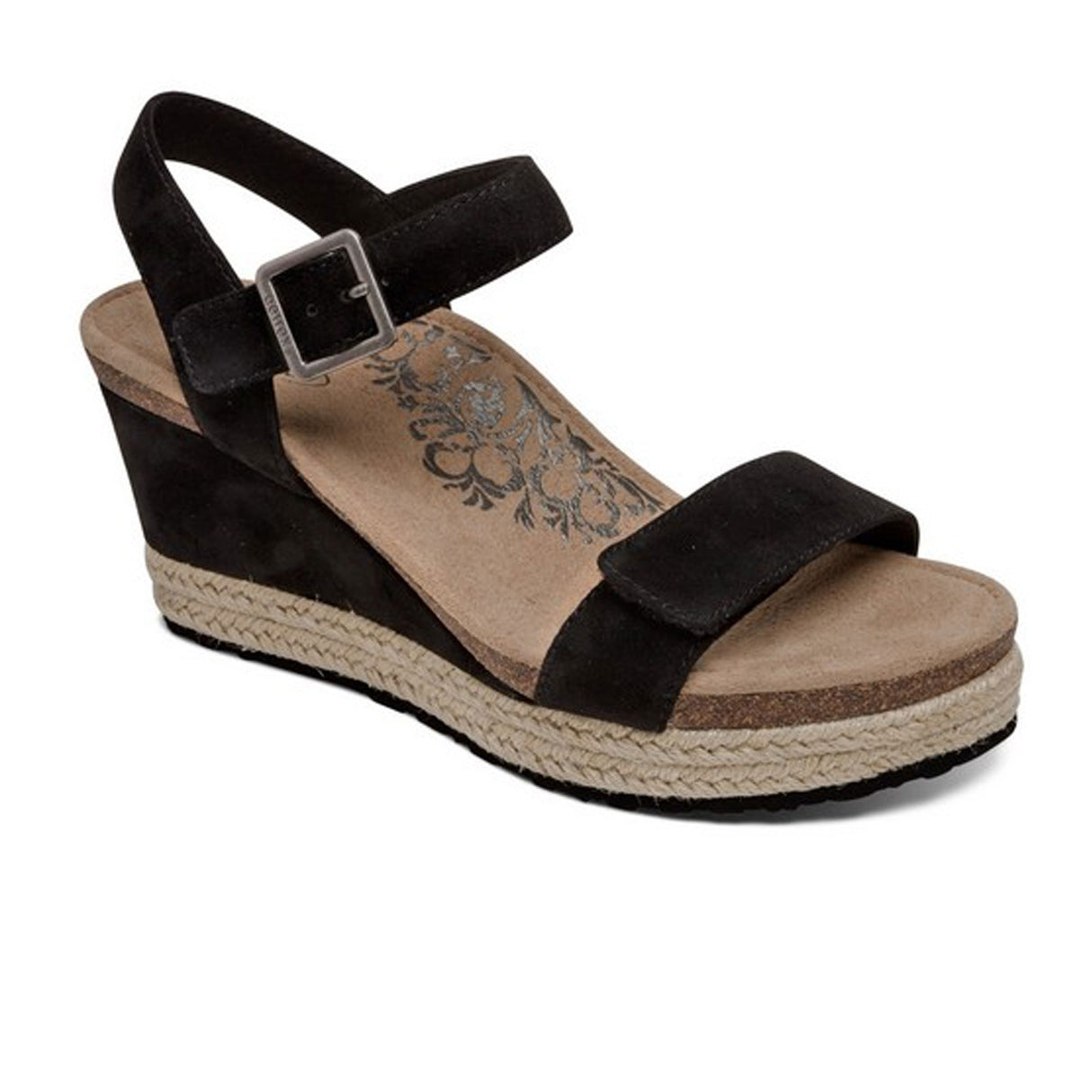 Aetrex Sydney Wedge Sandal (Women) - Black Suede Sandal - Heel/Wedge - The Heel Shoe Fitters