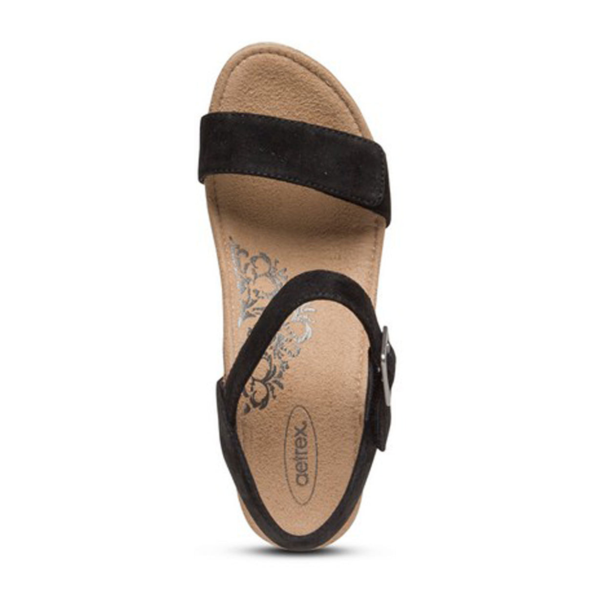 Aetrex Sydney Wedge Sandal (Women) - Black Suede Sandal - Heel/Wedge - The Heel Shoe Fitters
