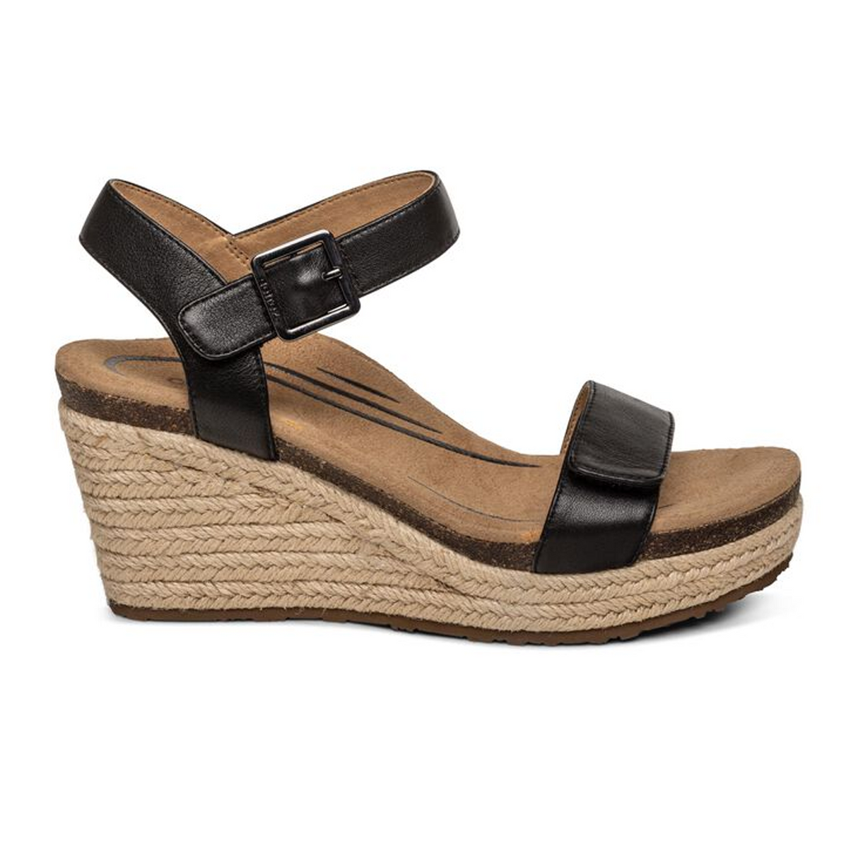 Aetrex Sydney Wedge Sandal (Women) - Black Leather Sandal - Heel/Wedge - The Heel Shoe Fitters