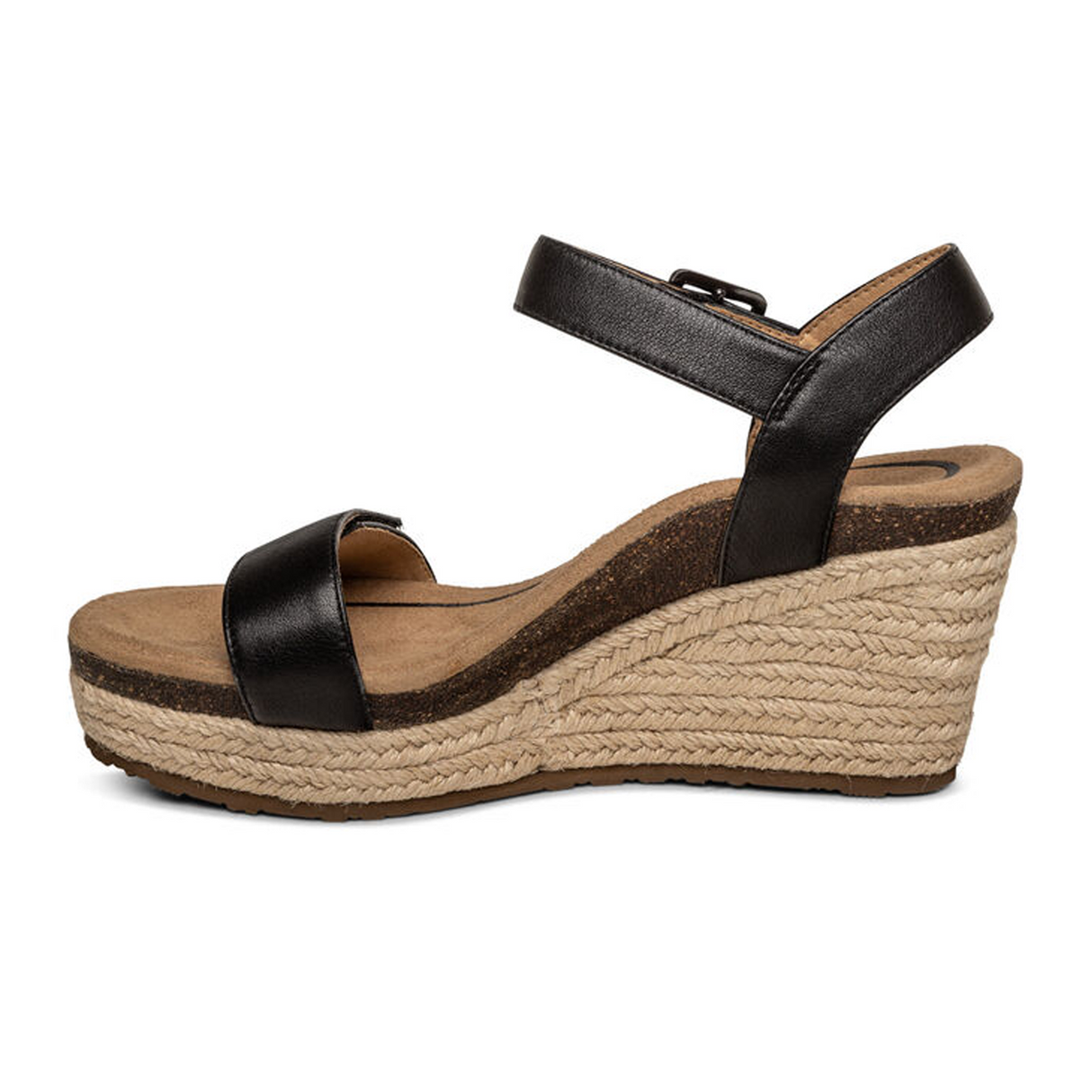 Aetrex Sydney Wedge Sandal (Women) - Black Leather Sandal - Heel/Wedge - The Heel Shoe Fitters