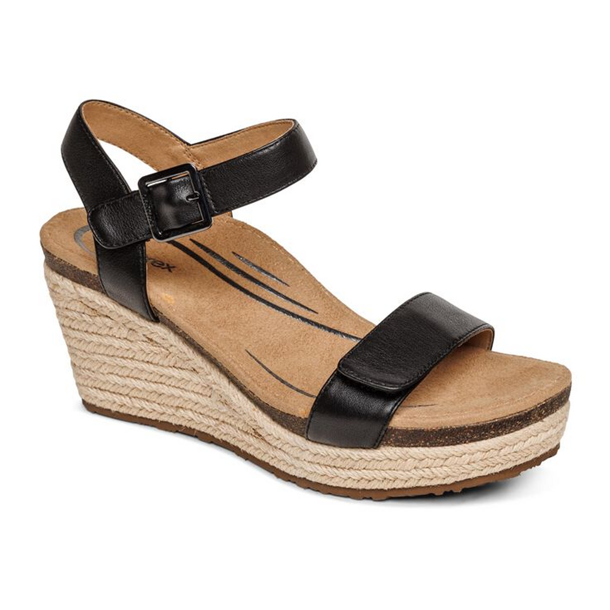 Aetrex Sydney Wedge Sandal (Women) - Black Leather Sandal - Heel/Wedge - The Heel Shoe Fitters