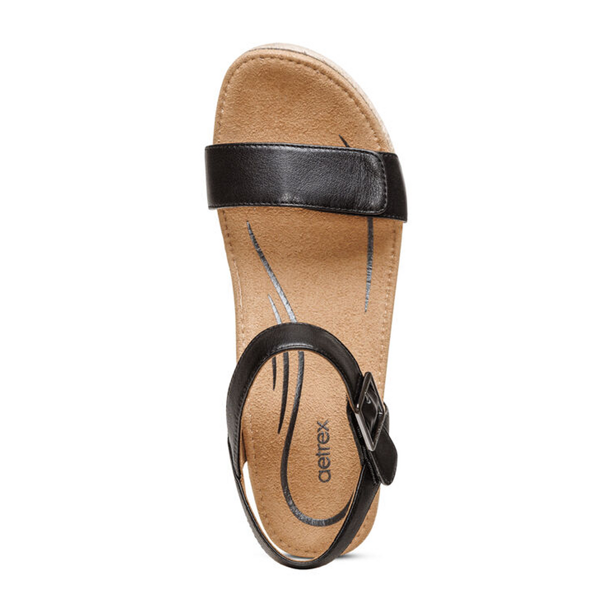 Aetrex Sydney Wedge Sandal (Women) - Black Leather Sandal - Heel/Wedge - The Heel Shoe Fitters