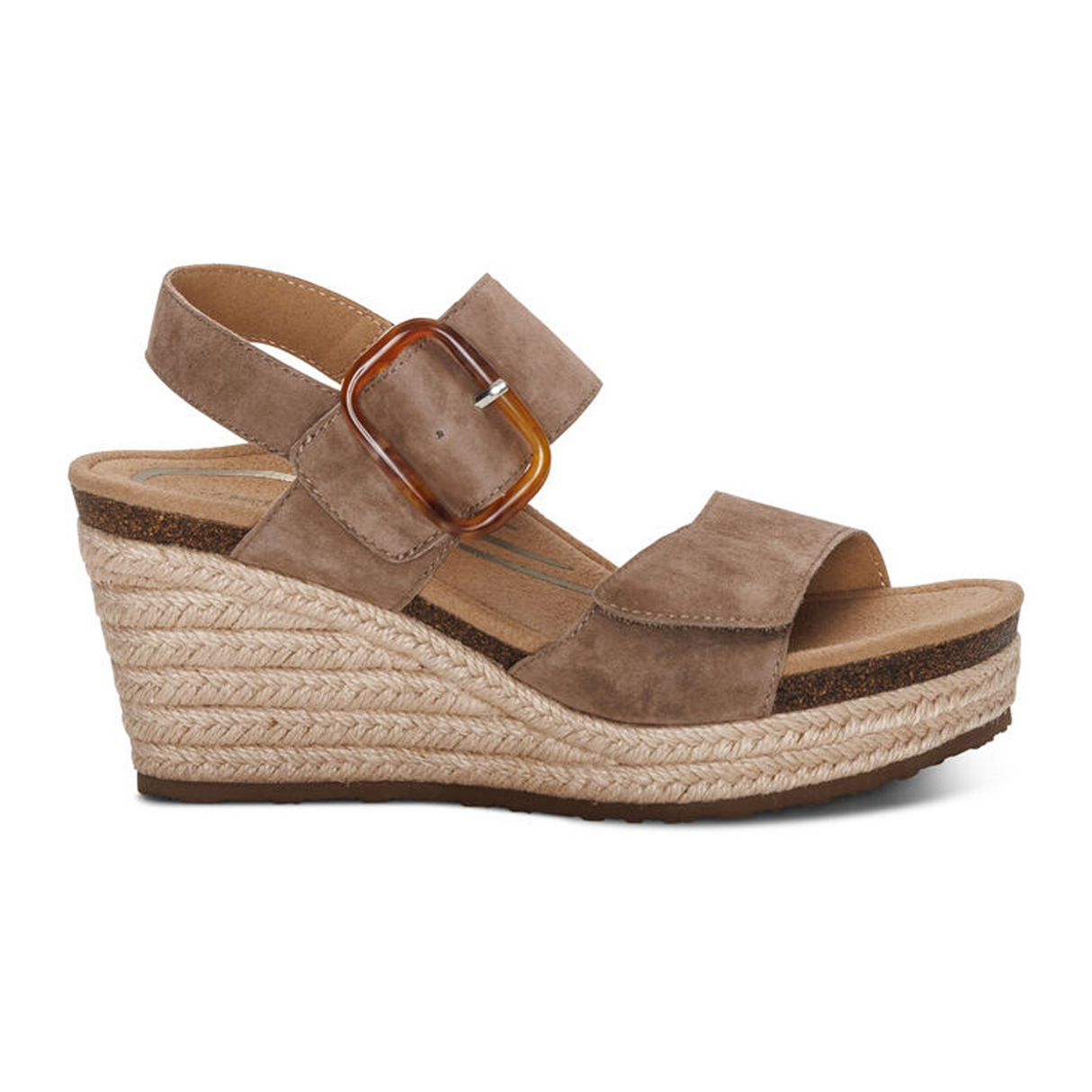 Aetrex Ashley Wedge Sandal (Women) - Taupe Suede Sandal - Heel/Wedge - The Heel Shoe Fitters