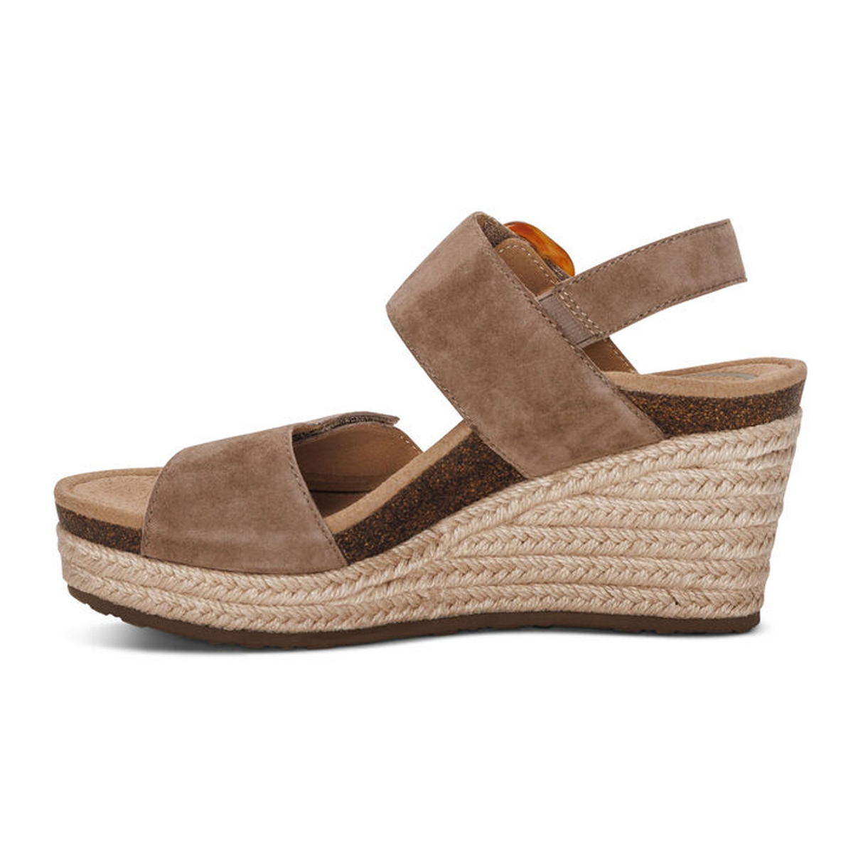 Aetrex Ashley Wedge Sandal (Women) - Taupe Suede Sandal - Heel/Wedge - The Heel Shoe Fitters