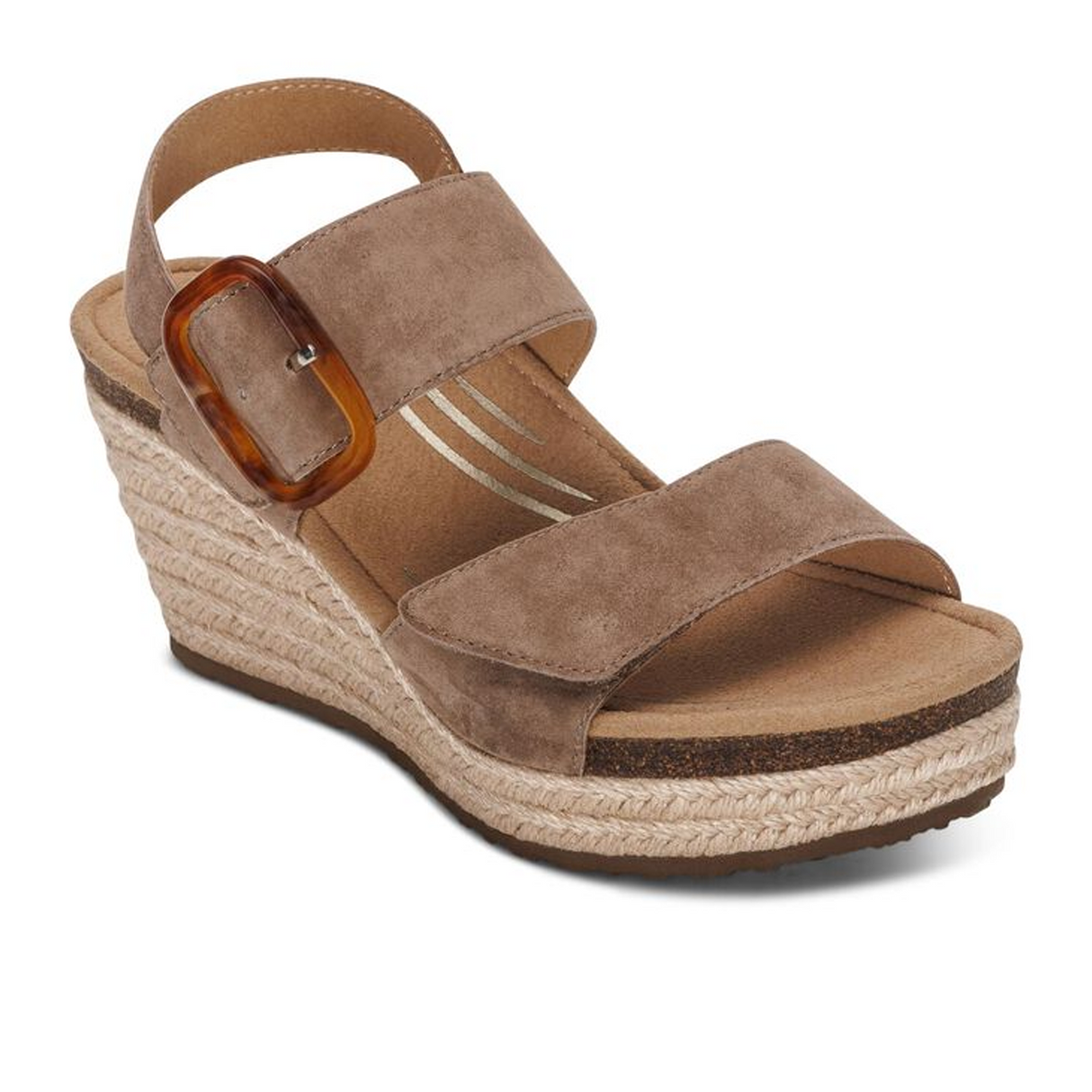 Aetrex Ashley Wedge Sandal (Women) - Taupe Suede Sandal - Heel/Wedge - The Heel Shoe Fitters