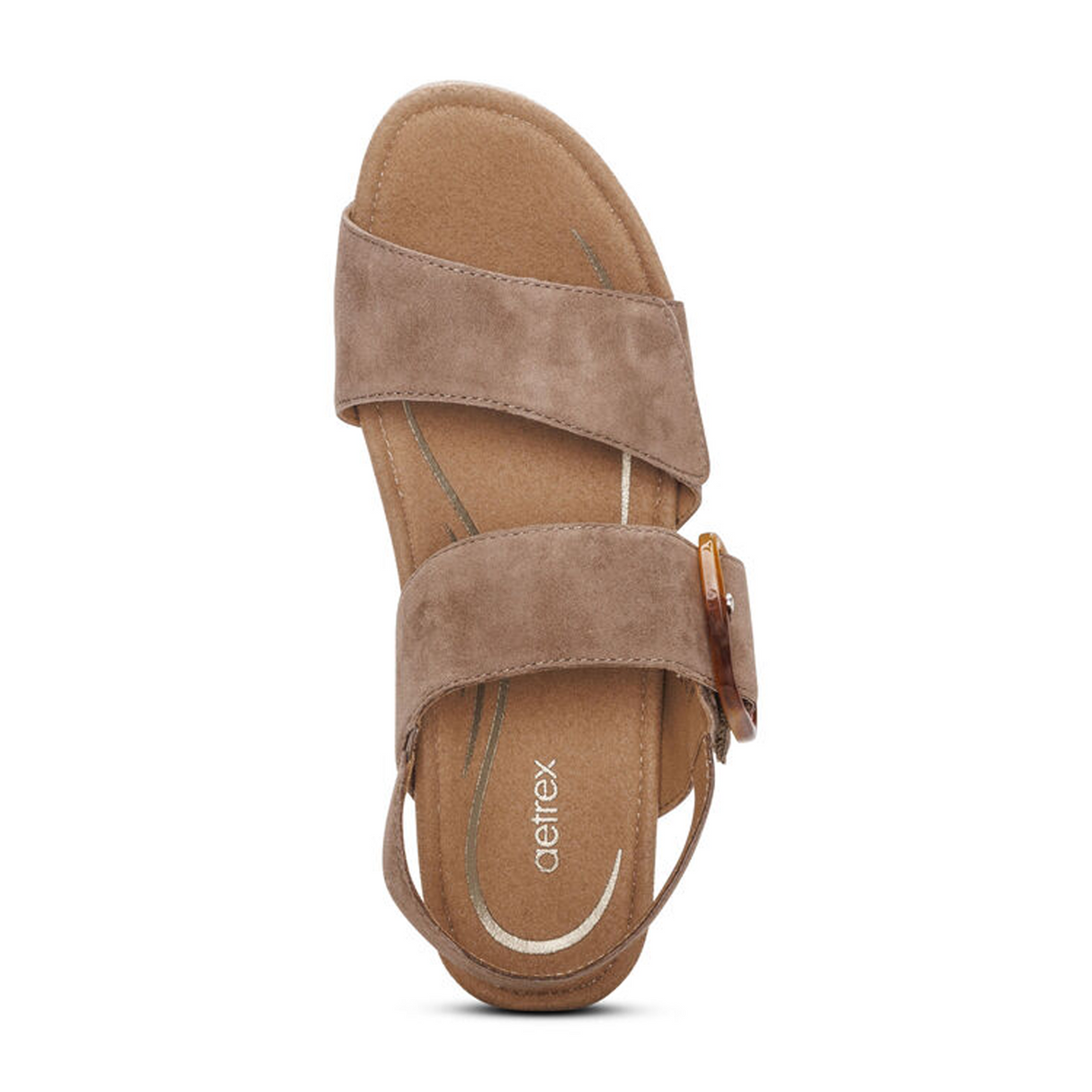 Aetrex Ashley Wedge Sandal (Women) - Taupe Suede Sandal - Heel/Wedge - The Heel Shoe Fitters