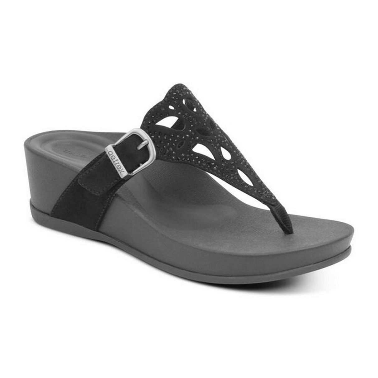 Aetrex Tasha Wedge Sandal (Women) - Black Sandal - Thong - The Heel Shoe Fitters