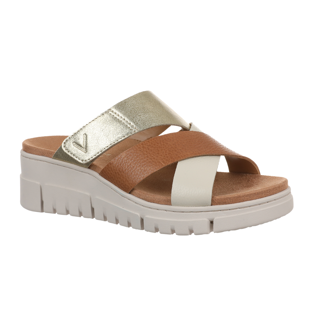 Vionic Uptown Sunset Wedge Sandal (Women) - Tan/Gold Metallic Leather Sandal - Heel/Wedge - The Heel Shoe Fitters
