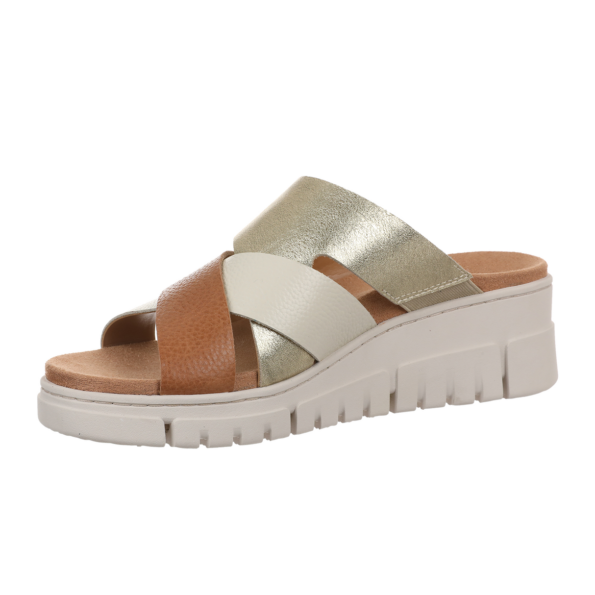 Vionic Uptown Sunset Wedge Sandal (Women) - Tan/Gold Metallic Leather Sandal - Heel/Wedge - The Heel Shoe Fitters