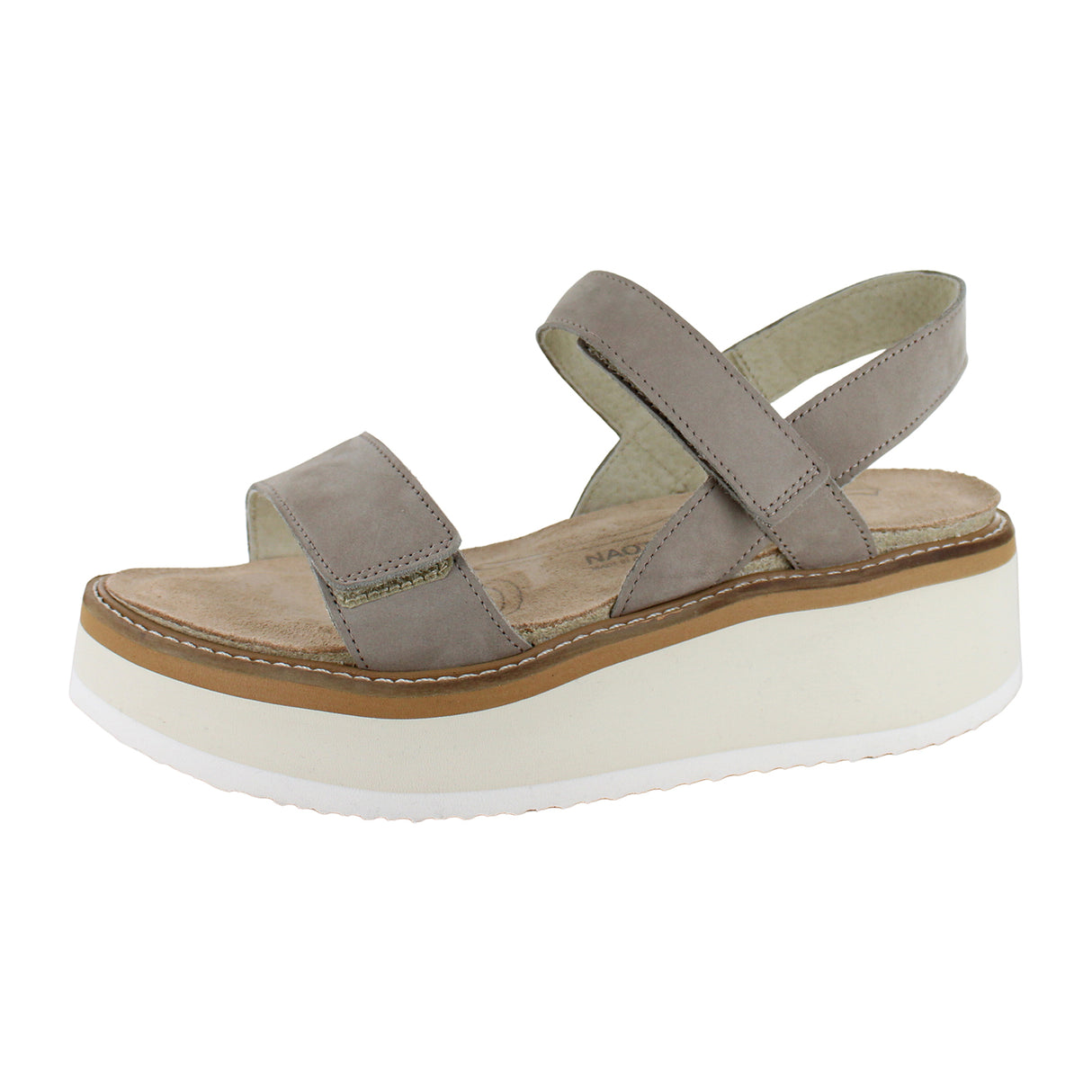 Naot Meringue Wedge Sandal (Woman) - Stone Nubuck with Off White Sole Sandal - Heel/Wedge - The Heel Shoe Fitters
