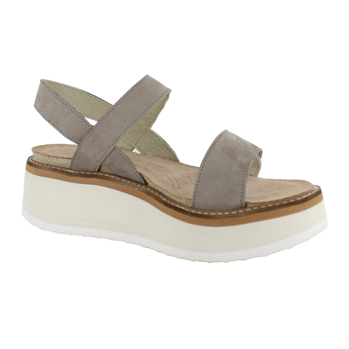 Naot Meringue Wedge Sandal (Woman) - Stone Nubuck with Off White Sole Sandal - Heel/Wedge - The Heel Shoe Fitters
