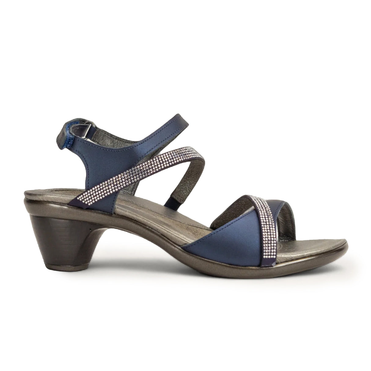 Naot Innovate Heeled Sandal (Women) - Polar Sea Leather/Navy/Clear Rhinestones Sandal - Heel/Wedge - The Heel Shoe Fitters
