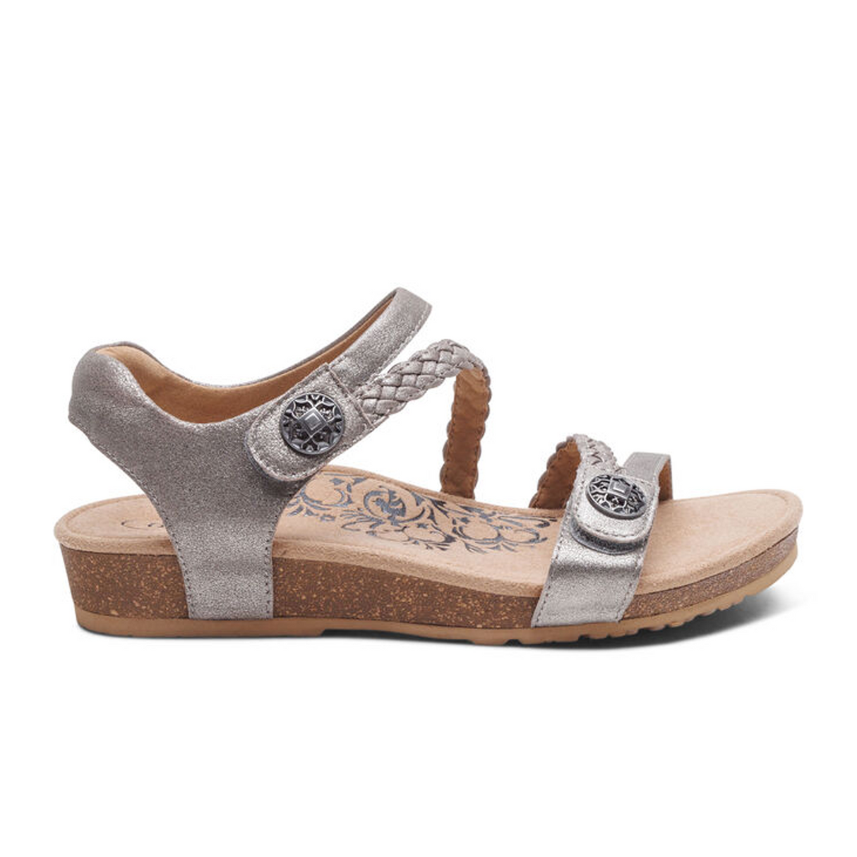 Aetrex Jillian Braided Backstrap Sandal (Women) - Brushed Silver Sandal - Backstrap - The Heel Shoe Fitters