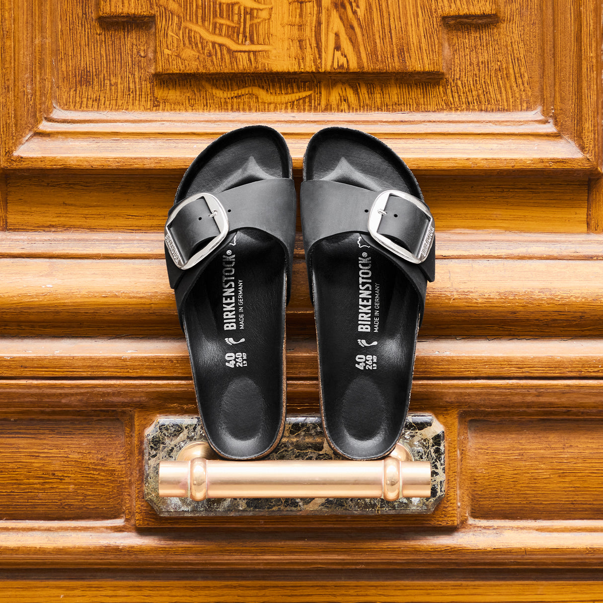 Birkenstock Madrid Big Buckle Narrow Slide Sandal (Women) - Black Leather Sandal - Slide - The Heel Shoe Fitters