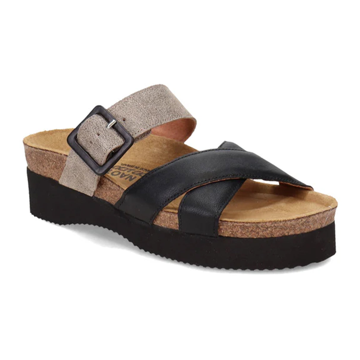 Naot Juliette Slide Sandal (Women) - Soft Black Leather/Spec Beige Sandal - Heel/Wedge - The Heel Shoe Fitters