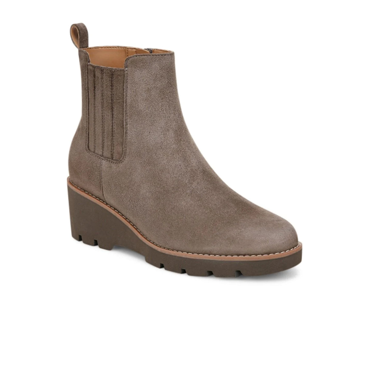 Vionic Aria Wedge Boot (Women) - Stone Grey Waxed Suede Boots - Casual - Mid - The Heel Shoe Fitters