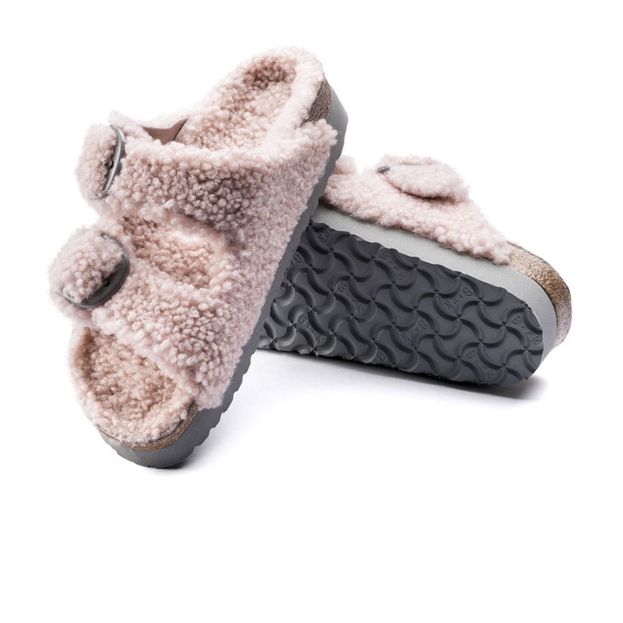 Birkenstock Arizona Big Buckle Slide Sandal (Women) - Teddy Crystal Rose Shearling Sandal - Slide - The Heel Shoe Fitters