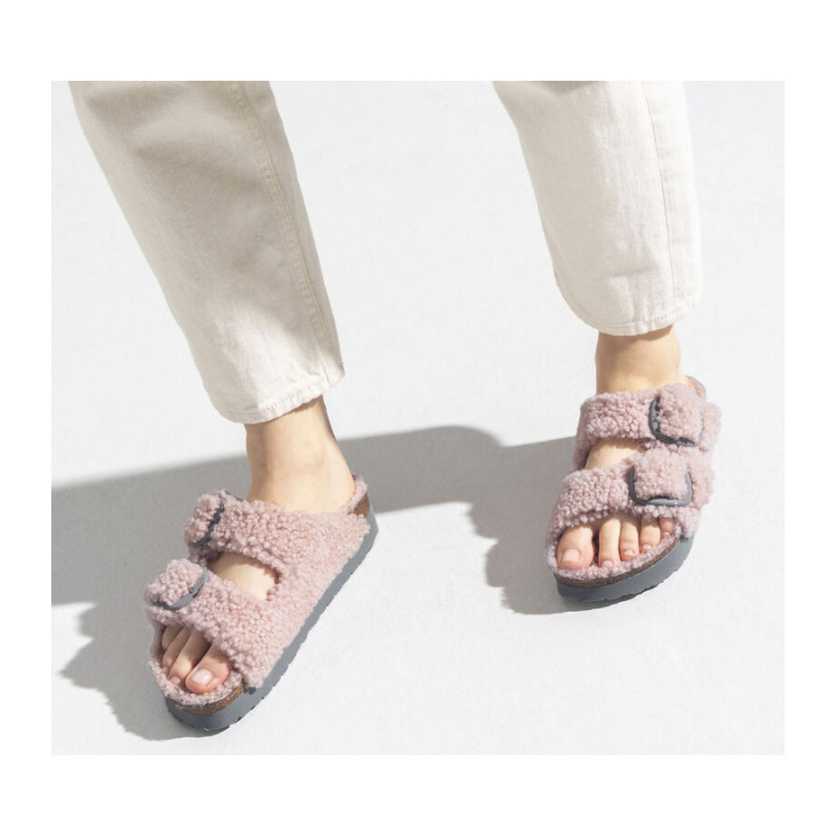 Birkenstock Arizona Big Buckle Slide Sandal (Women) - Teddy Crystal Rose Shearling Sandal - Slide - The Heel Shoe Fitters